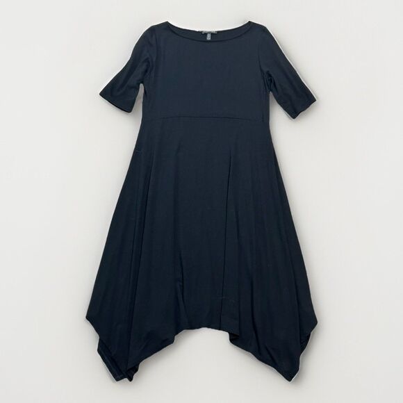Eileen Fisher Dresses & Skirts - Eileen Fisher Black Dress Midi Jersey Knit Handkerchief Hem Half Sleeves Small